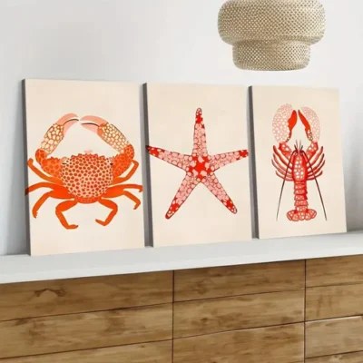 3pcs Red Shrimp Crab Star Fish Orange & Beige Wall Art Set Canvas Framed 50x70cm - High Quality Print 100% Australian Made Wall Canvas Ready to Hang