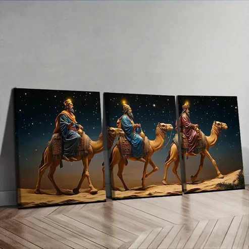 3pcs Three wise men on camels Wall Art Set Canvas Framed 50x70cm – High Quality Print 100% Australian Made Wall Canvas Ready to Hang