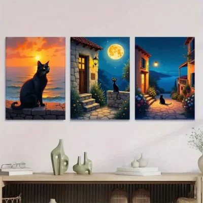 3pcs Black Cat Sunset & Moonlit Village HousesColorful Wall Art Set Canvas Framed 50x70cm - High Quality Print 100% Australian Made Wall Canvas Ready to Hang
