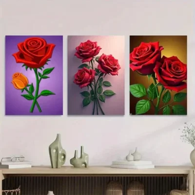 3pcs Beautiful Red Rose Orange Wall Art Set Canvas Framed 50x70cm - High Quality Print 100% Australian Made Wall Canvas Ready to Hang