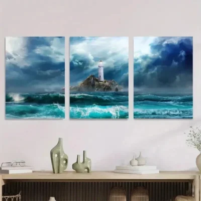 3pcs Ocean Storm Lighthouse Painting Wall Art Set Canvas Framed 50x70cm - High Quality Print 100% Australian Made Wall Canvas Ready to Hang
