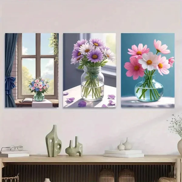 3pcs Floral Bouquet Vibrant Flowers in Vases Wall Art Set Canvas Framed 50x70cm – High Quality Print 100% Australian Made Wall Canvas Ready to Hang