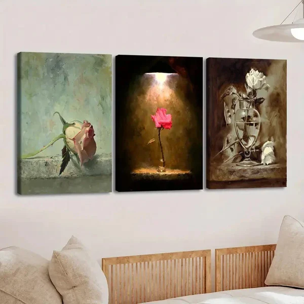 3pcs Vintage Oil Paint Style Roses Wall Art Set Canvas Framed 50x70cm – High Quality Print 100% Australian Made Wall Canvas Ready to Hang