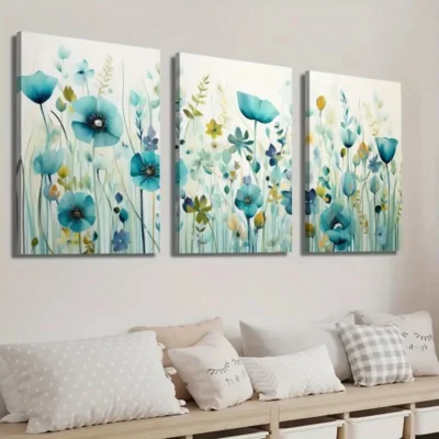 3pcs Beautiful Light Blue Wildflower Field Wall Art Set Canvas Framed 40x60cm - High Quality Print 100% Australian Made Wall Canvas Ready to Hang