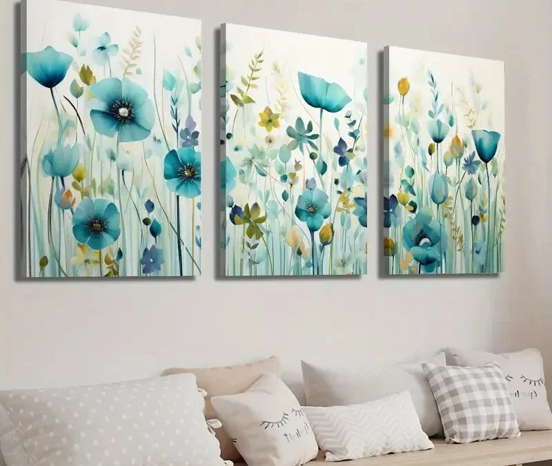 3pcs Beautiful Light Blue Wildflower Field Wall Art Set Canvas Framed 40x60cm – High Quality Print 100% Australian Made Wall Canvas Ready to Hang