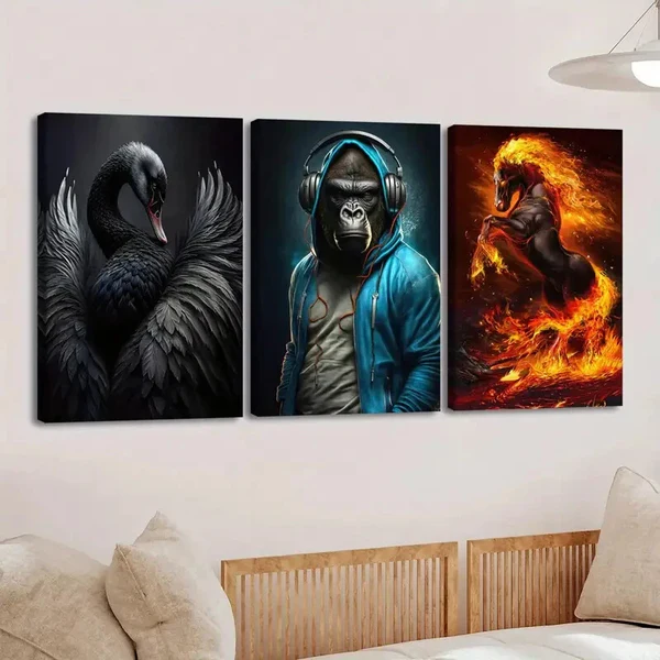 3pcs Various Animals Black Duck Blue Monkey Gold Wall Art Set Canvas Framed 50x70cm – High Quality Print 100% Australian Made Wall Canvas Ready to Hang