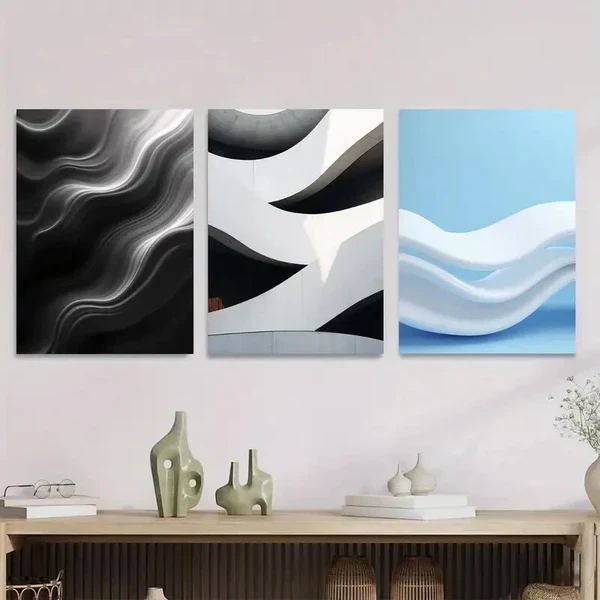 3pcs Modern Abstract Black & White Geometricn Wall Art Set Canvas Framed 50x70cm – High Quality Print 100% Australian Made Wall Canvas Ready to Hang