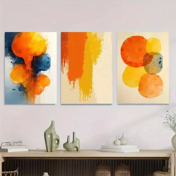 3pcs Modern Abstract Watercolor Vibrant Orange Wall Art Set Canvas Framed 50x70cm – High Quality Print 100% Australian Made Wall Canvas Ready to Hang