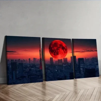 3pcs The moon over the city Wall Art Set Canvas Framed 50x70cm - High Quality Print 100% Australian Made Wall Canvas Ready to Hang