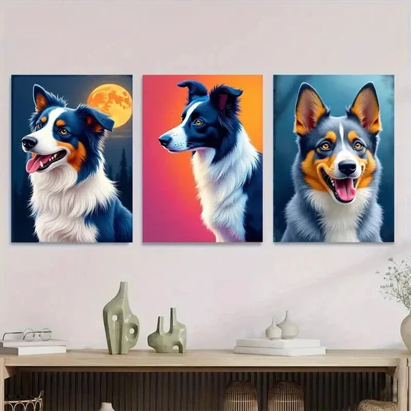 3pcs Vibrant Moonlight Sky Forest Collie Dog Wall Art Set Canvas Framed 50x70cm – High Quality Print 100% Australian Made Wall Canvas Ready to Hang