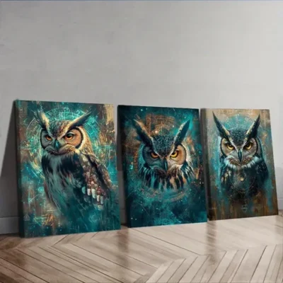 3pcs A mysterious owl Wall Art Set Canvas Framed 50x70cm - High Quality Print 100% Australian Made Wall Canvas Ready to Hang