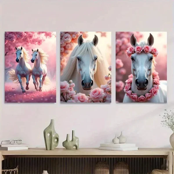 3pcs Horse Pink Floral Background Beautiful Wall Art Set Canvas Framed 50x70cm – High Quality Print 100% Australian Made Wall Canvas Ready to Hang