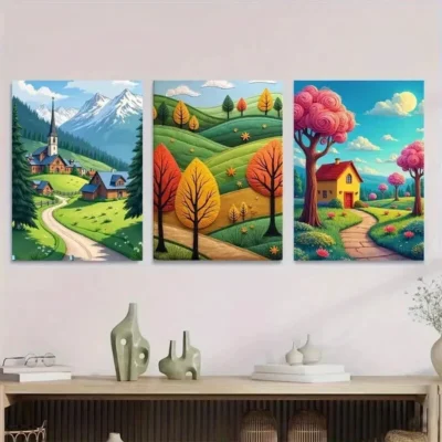 3pcs Village & Mountain Landscape Vibrant Autumn Wall Art Set Canvas Framed 50x70cm - High Quality Print 100% Australian Made Wall Canvas Ready to Hang