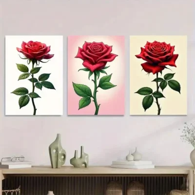 3pcs Red Rose Triptych Classic & Glam Style Wall Art Set Canvas Framed 50x70cm- High Quality Print 100% Australian Made Wall Canvas Ready to Hang