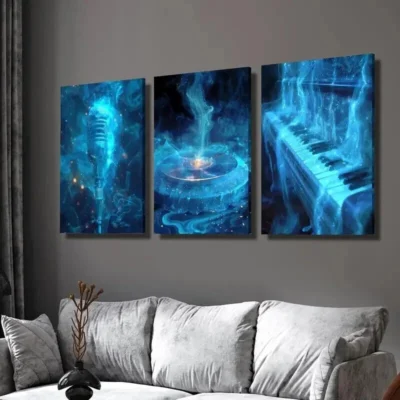3pcs Blue Smokey Microphone Vinyl Record Piano Wall Art Set Canvas Framed 40x60cm - High Quality Print 100% Australian Made Wall Canvas Ready to Hang