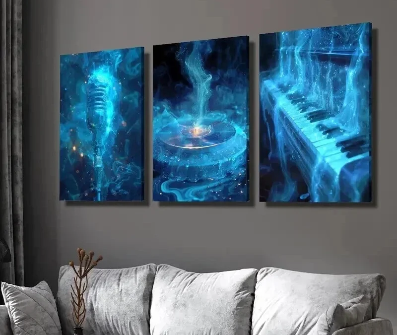 3pcs Blue Smokey Microphone Vinyl Record Piano Wall Art Set Canvas Framed 40x60cm – High Quality Print 100% Australian Made Wall Canvas Ready to Hang