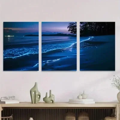 3pcs Glowing Ocean Night Scene Stunning Wall Art Set Canvas Framed 50x70cm - High Quality Print 100% Australian Made Wall Canvas Ready to Hang