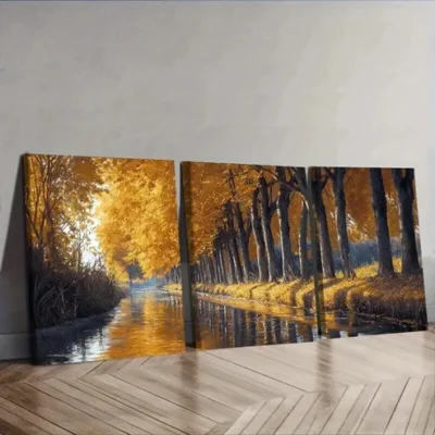 3pcs Golden Autumn River Trees Wall Art Set Canvas Framed 50x70cm - High Quality Print 100% Australian Made Wall Canvas Ready to Hang