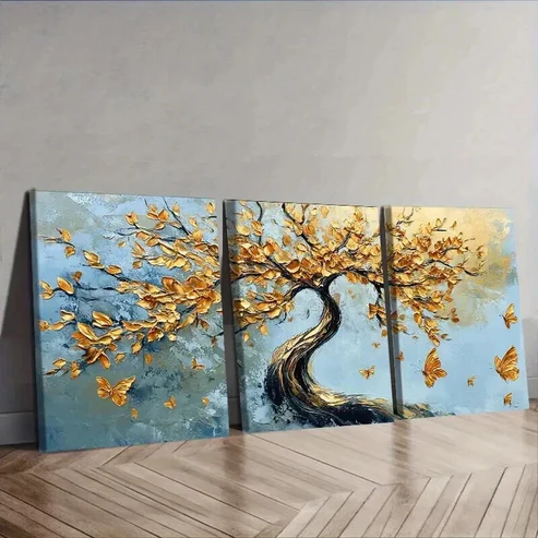 3pcs An abstract tree with golden leaves Wall Art Set Canvas Framed 50x70cm – High Quality Print 100% Australian Made Wall Canvas Ready to Hang
