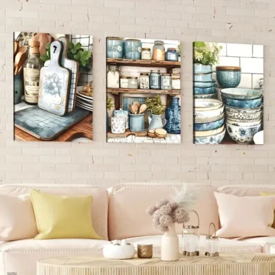 3pcs Modern American Art Deco Style Blue White Wall Art Set Canvas Framed 40x60cm - High Quality Print 100% Australian Made Wall Canvas Ready to Hang