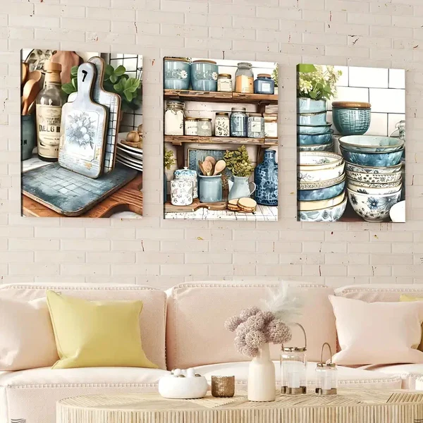 3pcs Modern American Art Deco Style Blue White Wall Art Set Canvas Framed 40x60cm – High Quality Print 100% Australian Made Wall Canvas Ready to Hang