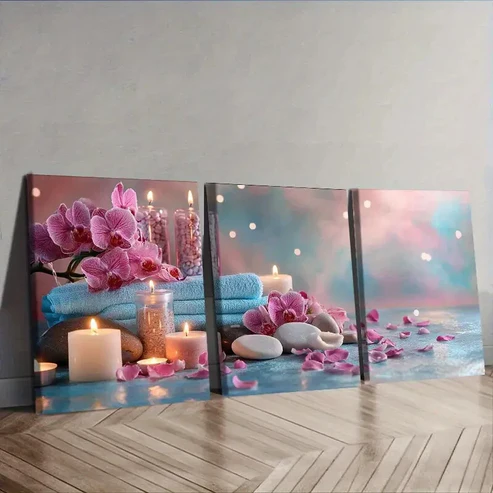 3pcs Spa candle Floral Wall Art Set Canvas Framed 40x60cm – High Quality Print 100% Australian Made Wall Canvas Ready to Hang