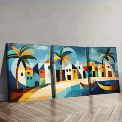3pcs Caribbean houses and boats Painting Wall Art Set Canvas Framed 50x70cm - High Quality Print 100% Australian Made Wall Canvas Ready to Hang