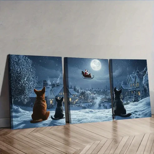 3pcs The dog looks at Santa Claus Wall Art Set Canvas Framed 40x60cm – High Quality Print 100% Australian Made Wall Canvas Ready to Hang
