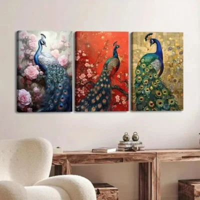 3pcs Exquisite Peacock Animal Florals Gold Blue Wall Art Set Canvas Framed 50x70cm - High Quality Print 100% Australian Made Wall Canvas Ready to Hang