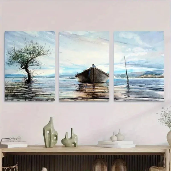 3pcs Serene Lake Scene Modern Classic Landscape Wall Art Set Canvas Framed 40x60cm – High Quality Print 100% Australian Made Wall Canvas Ready to Hang