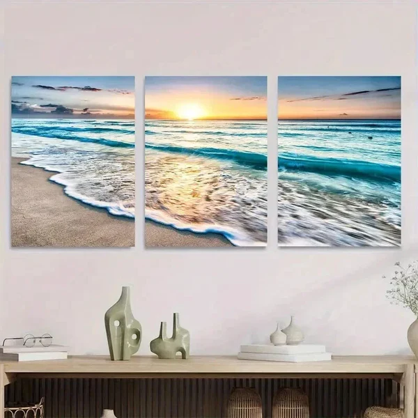 3pcs Beach Sunset Vibrant Sunset & Waves Wall Art Set Canvas Framed 50x70cm – High Quality Print 100% Australian Made Wall Canvas Ready to Hang