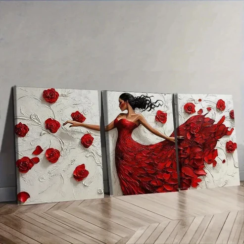 3pcs The girl dancing in the red dress Wall Art Set Canvas Framed 50x70cm – High Quality Print 100% Australian Made Wall Canvas Ready to Hang