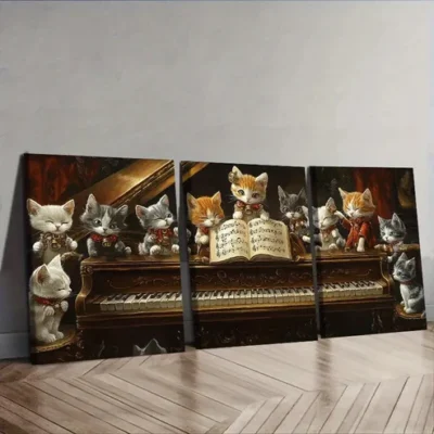 3pcs The cat on the piano Wall Art Set Canvas Framed 40x60cm - High Quality Print 100% Australian Made Wall Canvas Ready to Hang