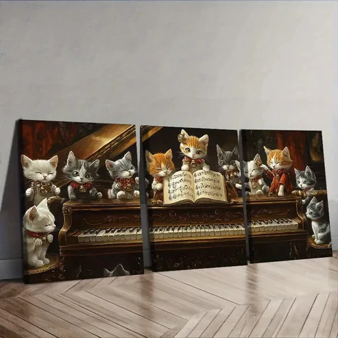 3pcs The cat on the piano Wall Art Set Canvas Framed 40x60cm – High Quality Print 100% Australian Made Wall Canvas Ready to Hang
