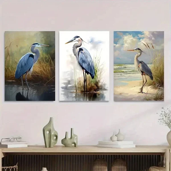 3pcs Blue Heron Wetlands & Beach Scene Wall Art Set Canvas Framed 50x70cm – High Quality Print 100% Australian Made Wall Canvas Ready to Hang