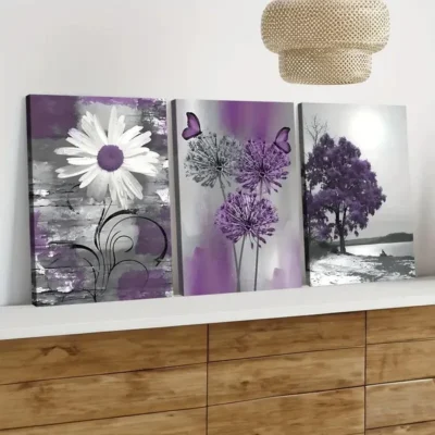 3pcs Purple and Gray Dandelions Daisie Butterfly Wall Art Set Canvas Framed 40x60cm - High Quality Print 100% Australian Made Wall Canvas Ready to Hang
