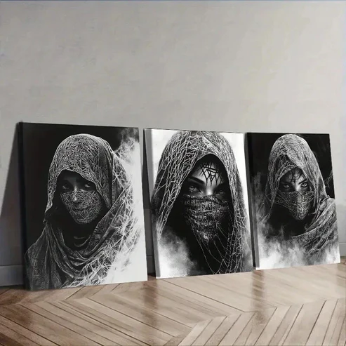 3pcs The Enigmatic Cloaked Woman from Egypt Wall Art Set Canvas Framed 50x70cm – High Quality Print 100% Australian Made Wall Canvas Ready to Hang