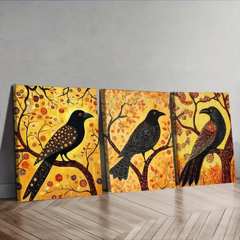 3pcs The psychic crow Animal Wall Art Set Canvas Framed 50x70cm – High Quality Print 100% Australian Made Wall Canvas Ready to Hang
