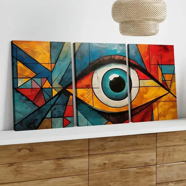 3pcs Modern Art Eye Blue & Black Golden Red Pink Wall Art Set Canvas Framed 50x70cm – High Quality Print 100% Australian Made Wall Canvas Ready to Hang