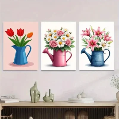 3pcs Colorful Floral Bouquets in Watering Cans Wall Art Set Canvas Framed 50x70cm - High Quality Print 100% Australian Made Wall Canvas Ready to Hang