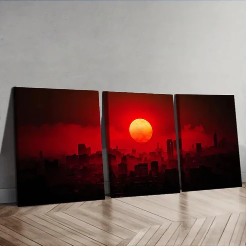 3pcs The moon over the city Wall Art Set Canvas Framed 50x70cm – High Quality Print 100% Australian Made Wall Canvas Ready to Hang