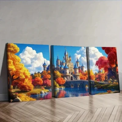 3pcs Featuring a Stunning Fantasy Castle Wall Art Set Canvas Framed 50x70cm - High Quality Print 100% Australian Made Wall Canvas Ready to Hang