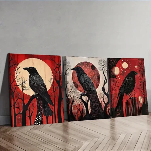 3pcs The psychic crow Wall Art Set Canvas Framed 50x70cm – High Quality Print 100% Australian Made Wall Canvas Ready to Hang