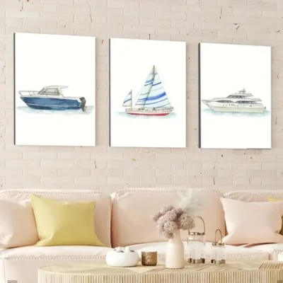 3pcs Ship Transportation Bars Designs Blue White Wall Art Set Canvas Framed 40x60cm - High Quality Print 100% Australian Made Wall Canvas Ready to Hang