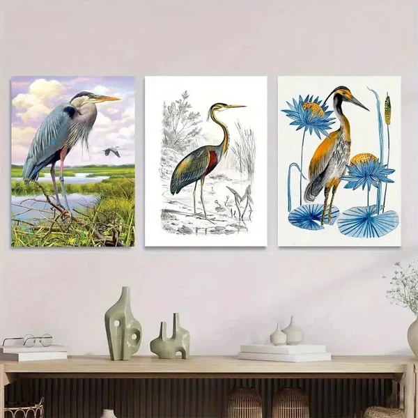3pcs Herons in Nature Landscape Modern Wall Art Set Canvas Framed 40x60cm – High Quality Print 100% Australian Made Wall Canvas Ready to Hang