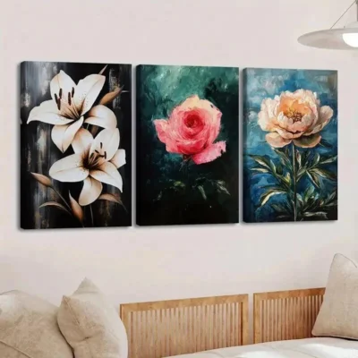 3pcs Florals Lily Rose Black Green & Blue Leaves Wall Art Set Canvas Framed 50x70cm - High Quality Print 100% Australian Made Wall Canvas Ready to Hang
