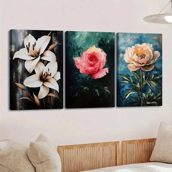 3pcs Florals Lily Rose Black Green & Blue Leaves Wall Art Set Canvas Framed 50x70cm – High Quality Print 100% Australian Made Wall Canvas Ready to Hang