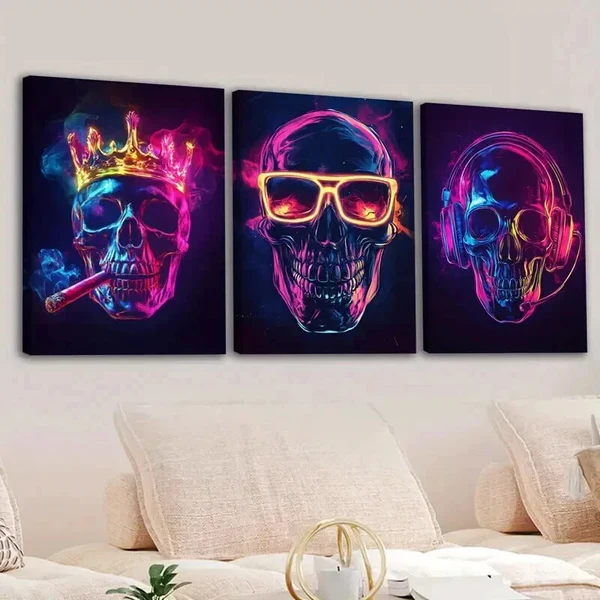 3pcs Abstract Neon Skeletons Glow Gold Rose Blue Wall Art Set Canvas Framed 50x70cm – High Quality Print 100% Australian Made Wall Canvas Ready to Hang