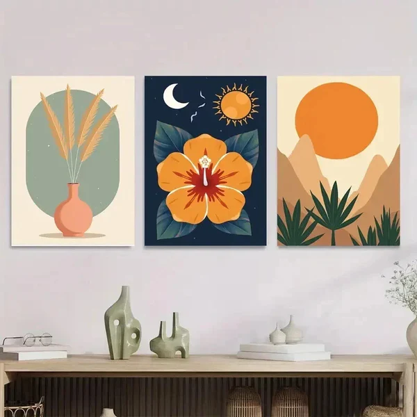 3pcs Boho Style Modern Tropical Flower & Abstrac Wall Art Set Canvas Framed 50x70cm – High Quality Print 100% Australian Made Wall Canvas Ready to Hang