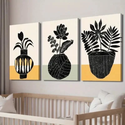 3pcs Black & White Plant Silhouette Floral Vase Wall Art Set Canvas Framed 40x60cm - High Quality Print 100% Australian Made Wall Canvas Ready to Hang